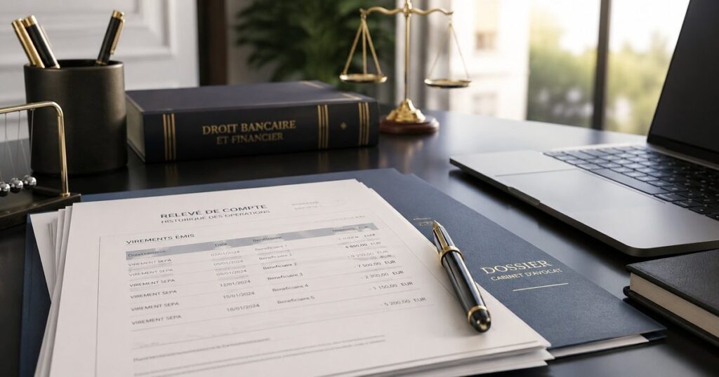 Dossier d'avocat en droit bancaire et relevé de virements illustrant une arnaque à l'investissement